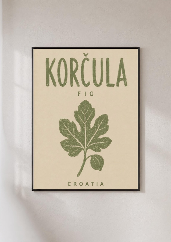 Korcula Croatia Green Fig Leaf Botanical Retro Island Art Poster