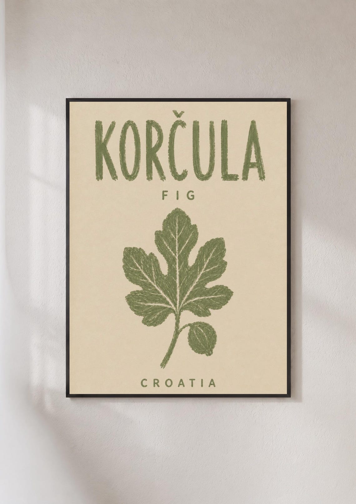 Korcula Croatia Green Fig Leaf Botanical Retro Island Art Poster