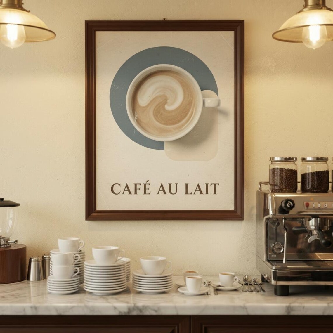 Cafe Au Lait French Coffee Latte Art Retro Kitchen Cafe Poster