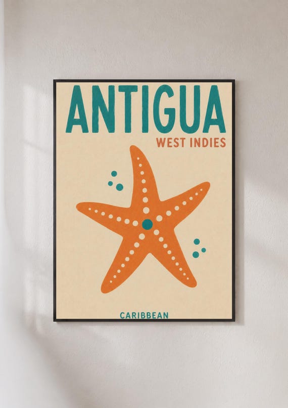 Antigua Caribbean Travel Poster West Indies Starfish Wall Art Retro Beach Print