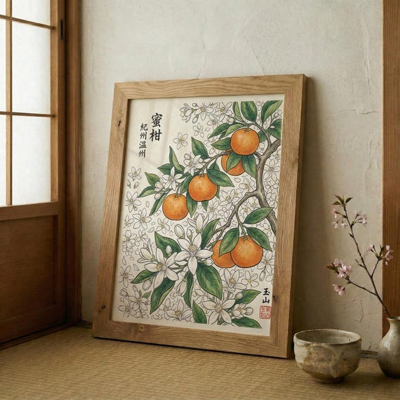 Japanese Mikan Blossom Print Woodblock Style Citrus Botanical Wall Art Japandi Decor