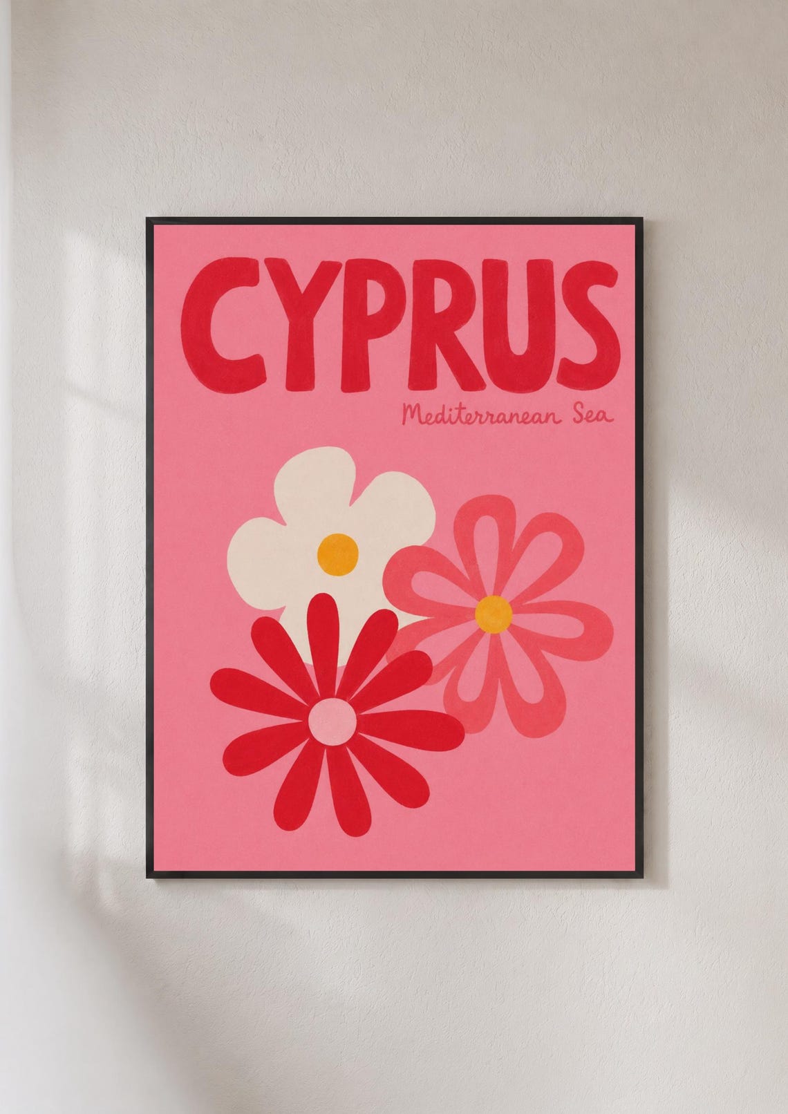 Cyprus Mediterranean Retro Travel Poster Pink Floral Wall Decor