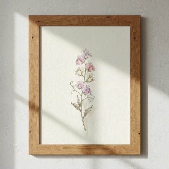 Sweet Pea Botanical Print Vintage Garden Wall Art Blush Pink Lavender Cream Tones