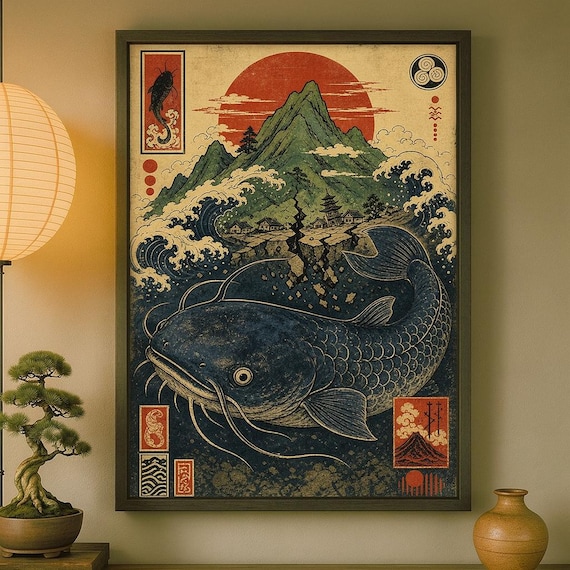 Giant Catfish Namazu Ocean Waves Japanese Woodblock Art Print