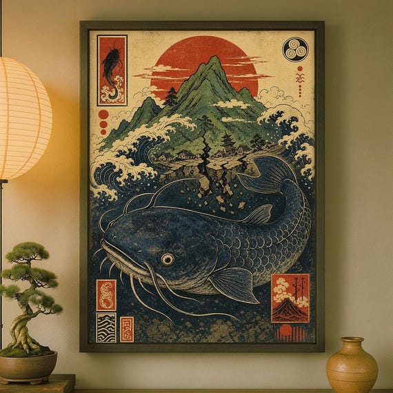 Ukiyoe Namazu Fish Print Japanese Wall Art