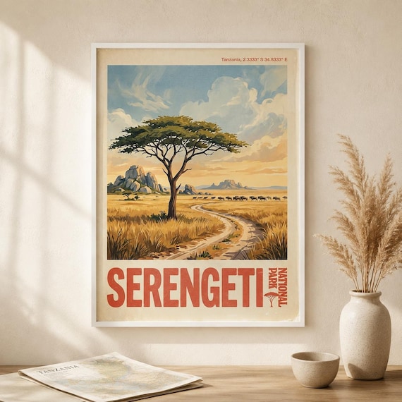 Serengeti National Park Tanzania Vintage Poster Acacia Sunset