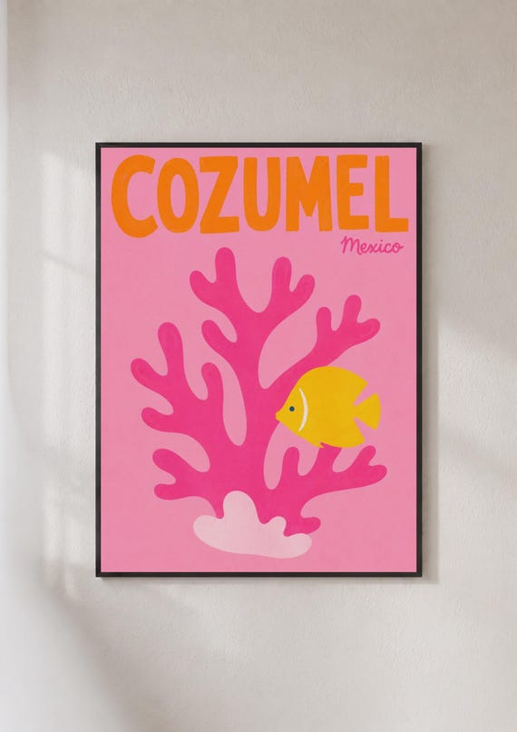 Cozumel Mexico Travel Poster Coral Reef Fish Wall Art Retro Pink Tropical Print