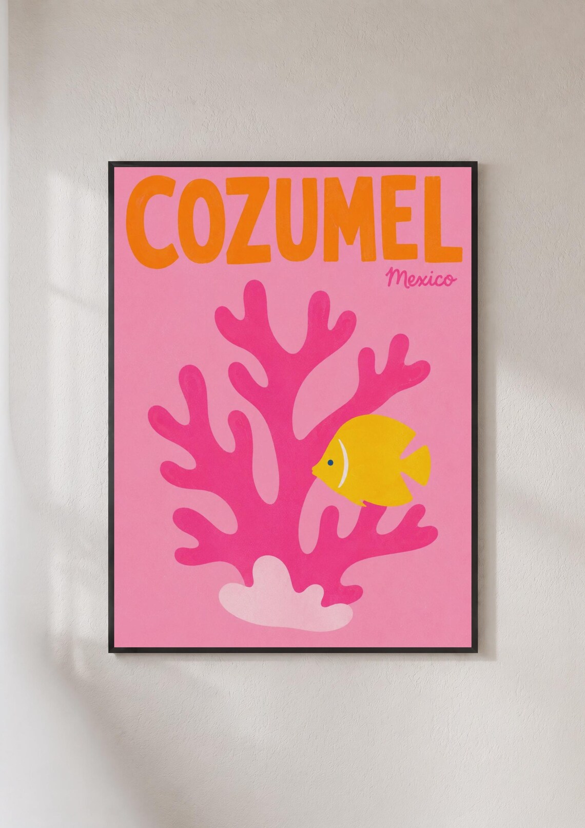 Cozumel Mexico Pink Coral Yellow Fish Retro Tropical Reef Travel Poster