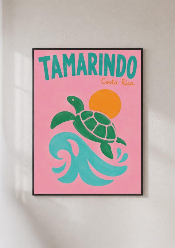Tamarindo Costa Rica Poster Sea Turtle Wall Art Retro Beach Print Surf Decor