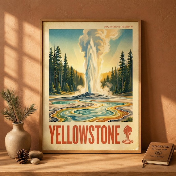 Yellowstone National Park USA Geyser Eruption Springs Travel Poster
