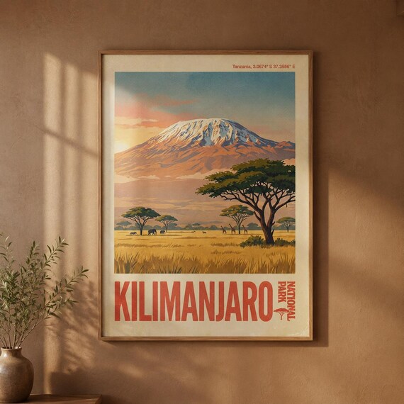 Mount Kilimanjaro Print Vintage Tanzania Safari Wall Art Mountain Landscape Poster