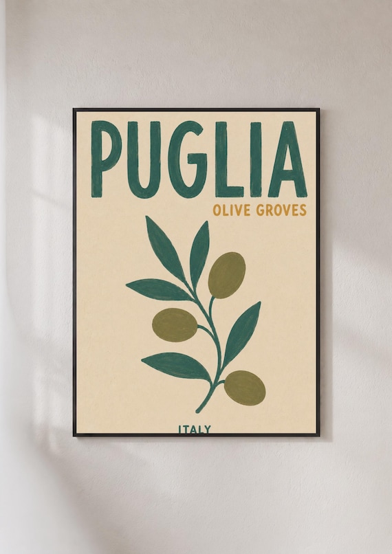 Puglia Olive Groves Italy Botanical Travel Poster Green Retro