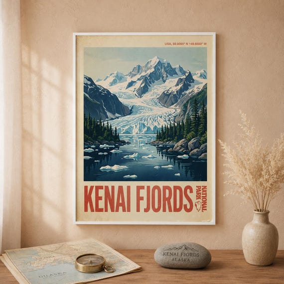Kenai Fjords National Park Print Vintage Glacier Alaska Travel Poster