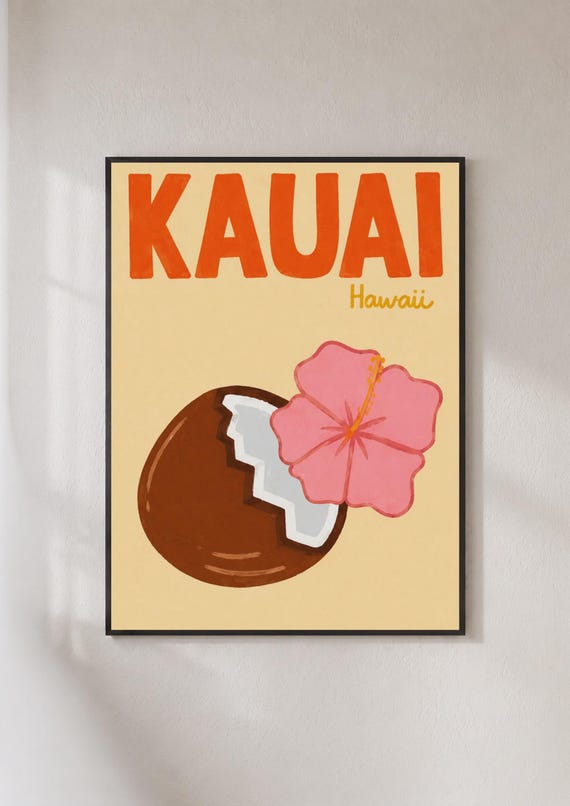 Kauai Hawaii Travel Poster Retro Tropical Wall Art Hibiscus Coconut Print