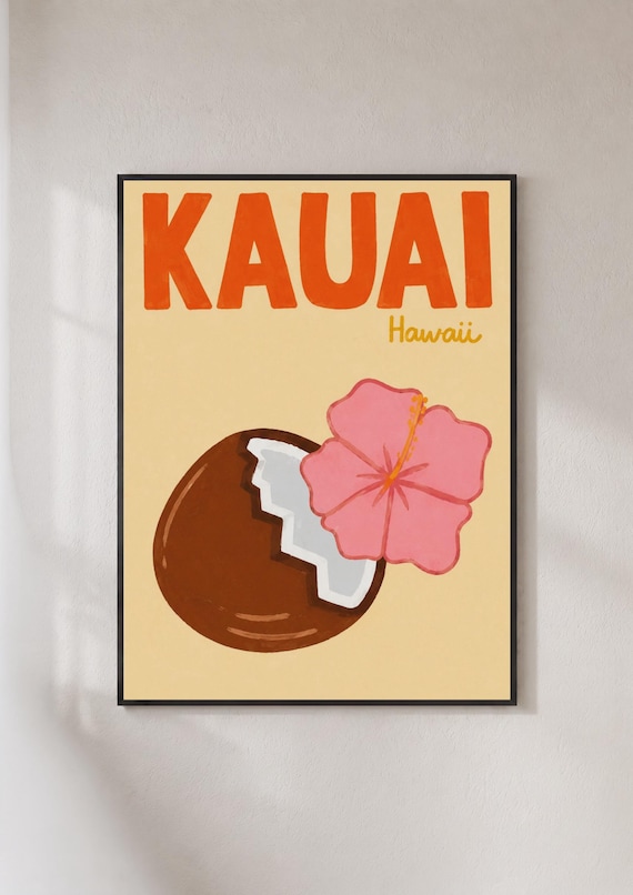 Vintage Kauai Hawaii Coconut Hibiscus Retro Tropical Travel Poster