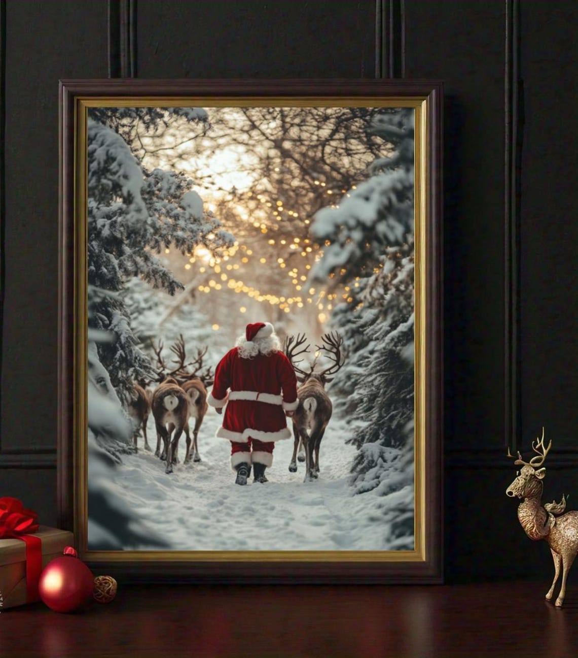 Santa Claus Reindeer Snowy Forest Walk Warm Lights Painting Poster