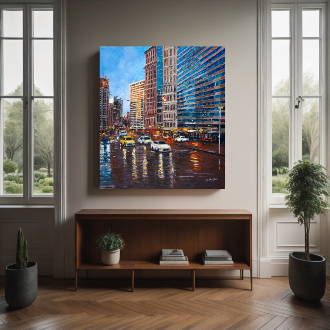 City Street Wet Reflections Impressionist Downtown Oil Painting Poster - Image 2