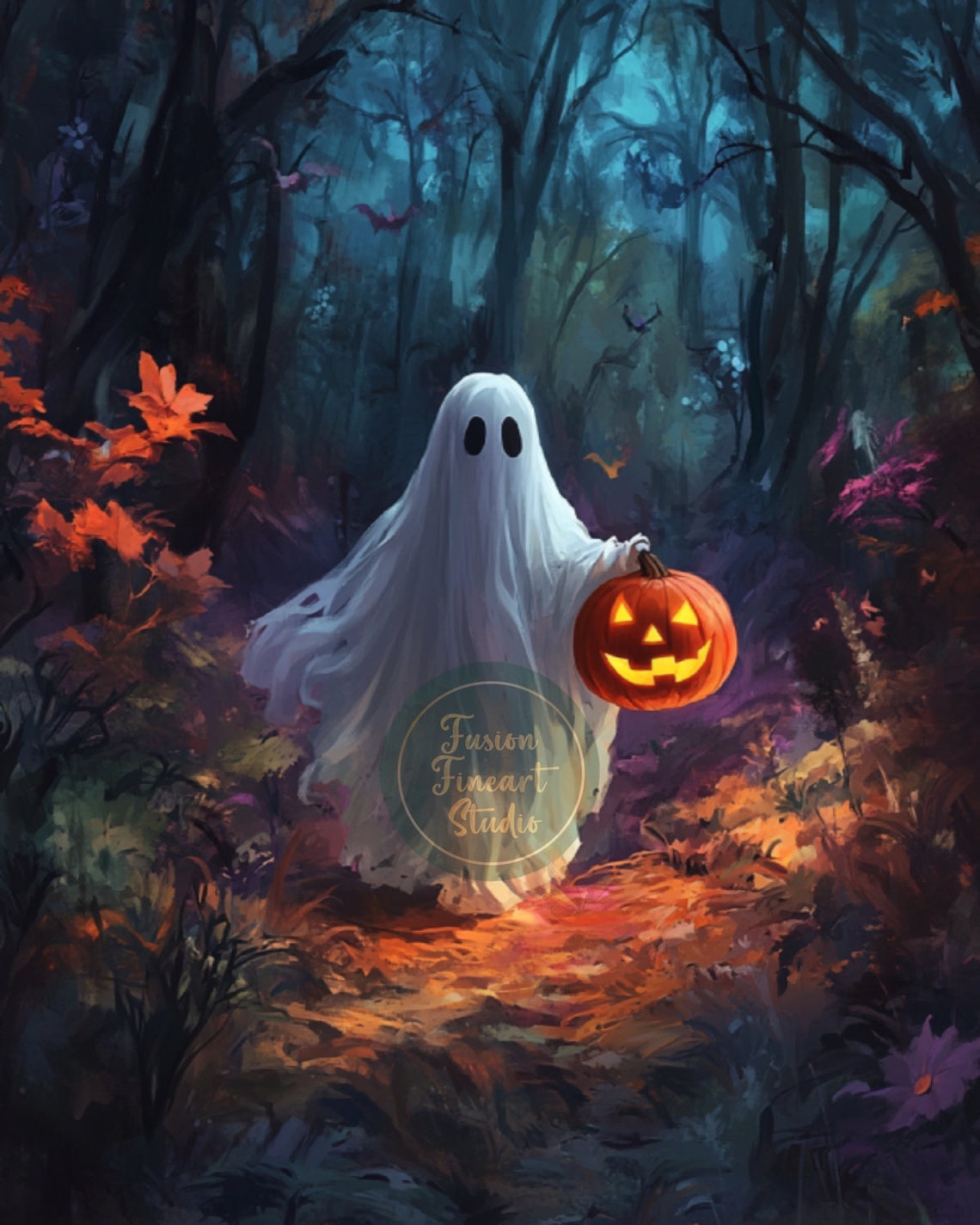 Cute Ghost Carrying Jack O Lantern Through Enchanted Forest Poster - Image 3