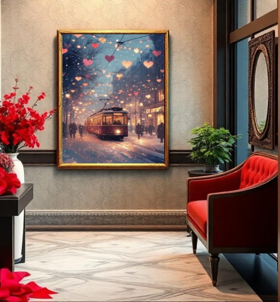 Vintage Tram Snowy City Night Glowing Heart Lanterns Scene Poster - Image 2