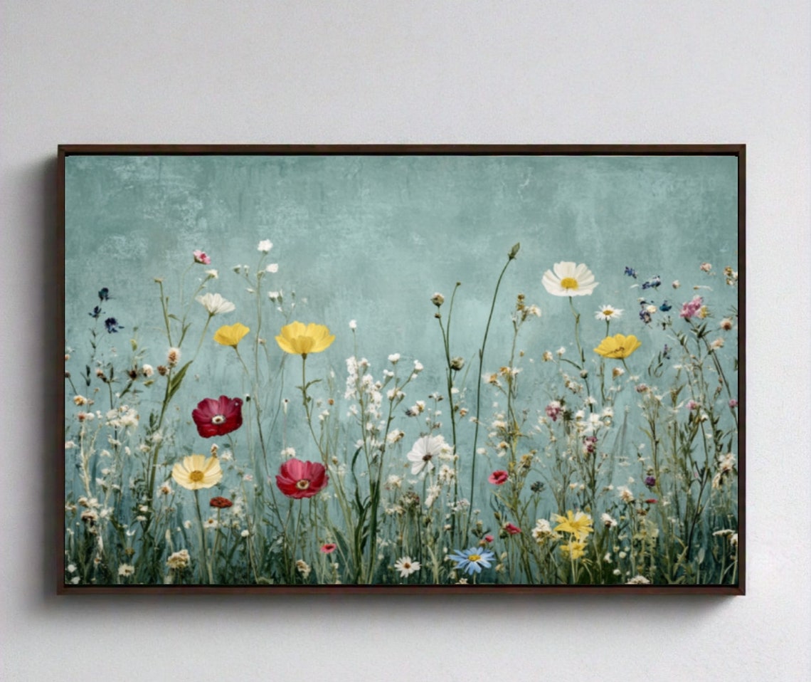 Wildflower Meadow Teal Background Vintage Botanical Painting Poster