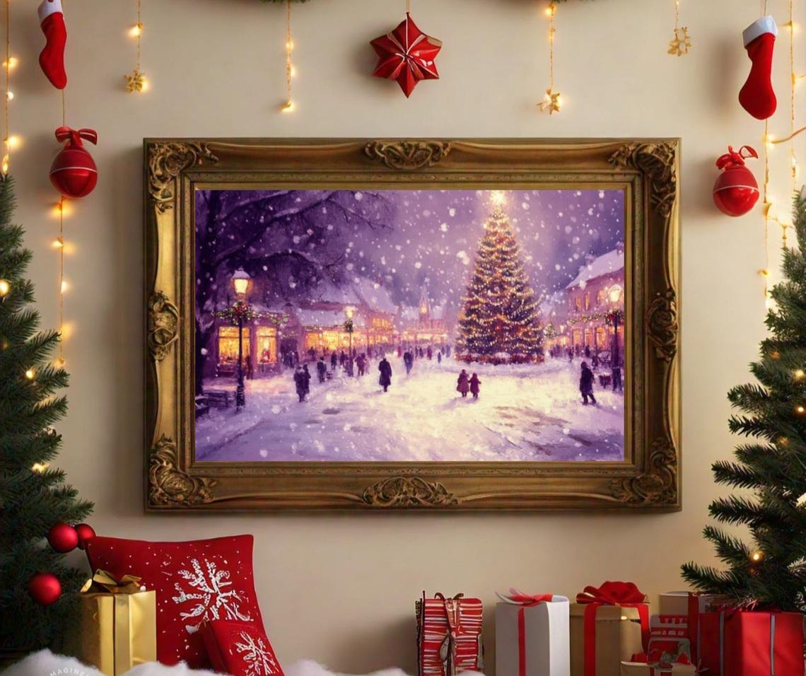 Snowy Christmas Village Square Lit Tree Dusk Winter Wonderland Poster
