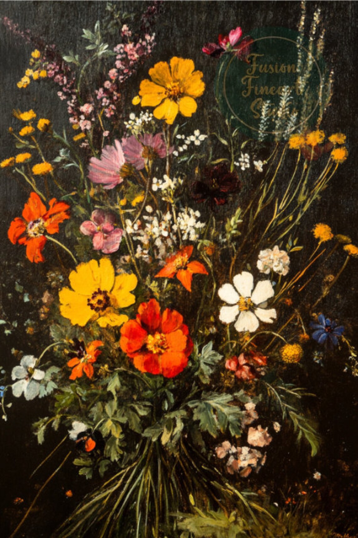 Moody Wildflower Bouquet Poppies Dark Background Vintage Poster - Image 3