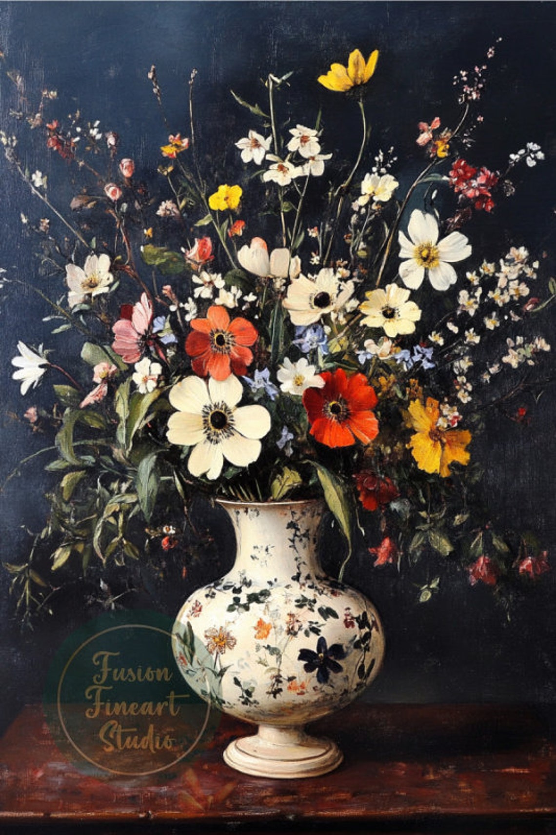 Vintage Wildflower Vase Dark Blue Moody Floral Still Life Poster - Image 3