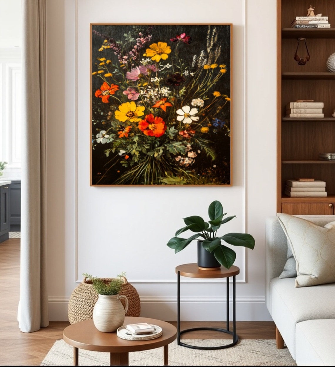 Moody Wildflower Bouquet Poppies Dark Background Vintage Poster - Image 2