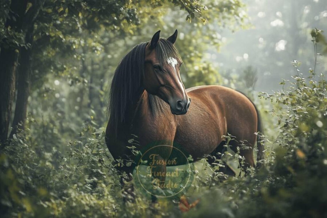 Brown Horse Sunlit Green Forest Clearing Peaceful Scene Poster - Image 3