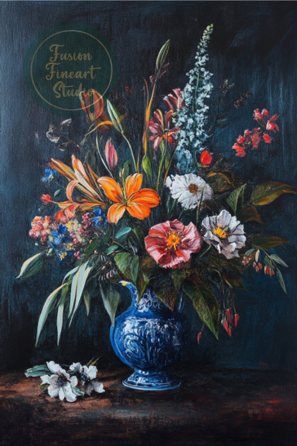 Vintage Flower Bouquet Blue Vase Dark Dutch Still Life Poster - Image 3