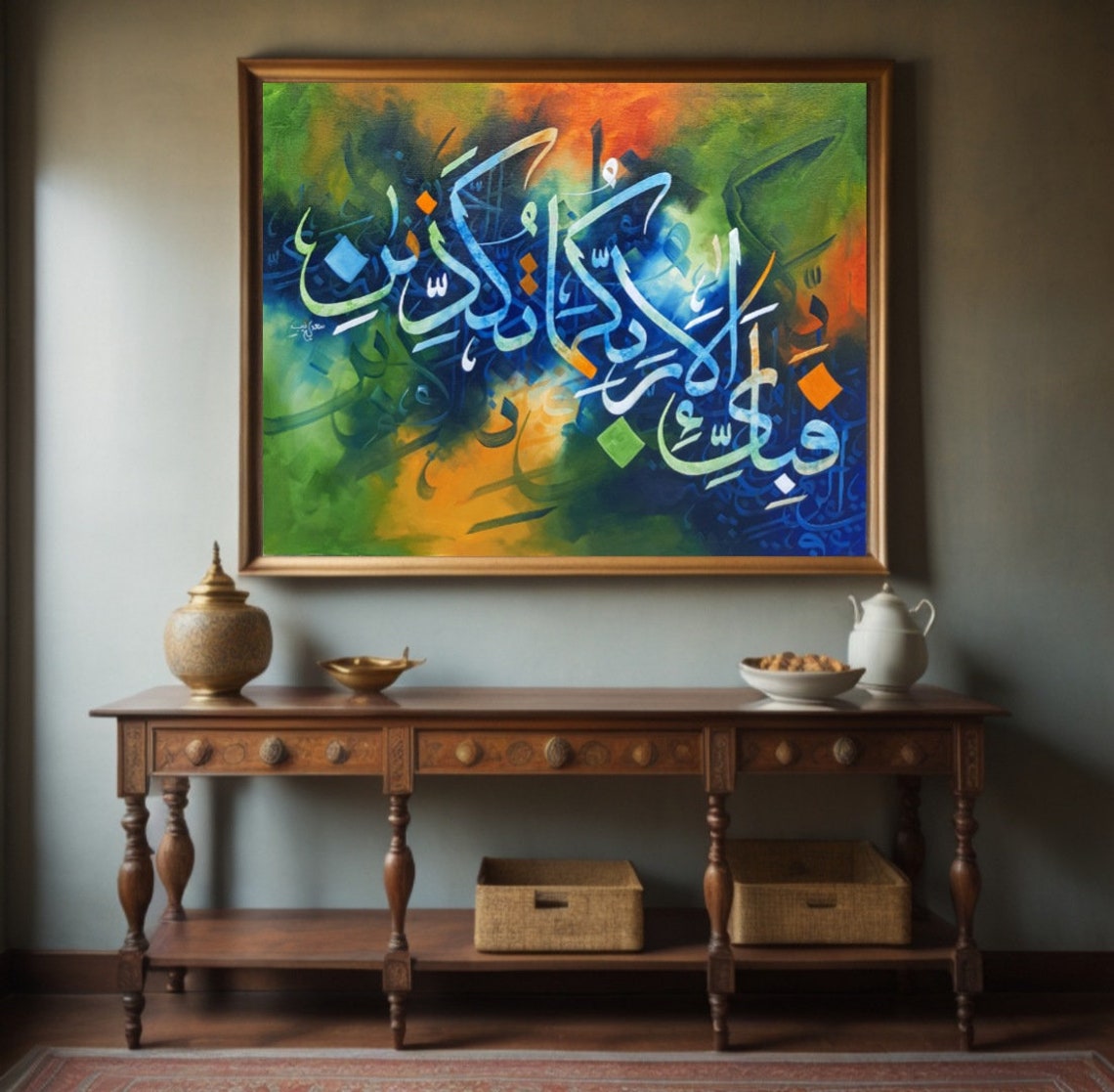 Blue Green Orange Abstract Calligraphy Gemstone Mosaic Art Poster