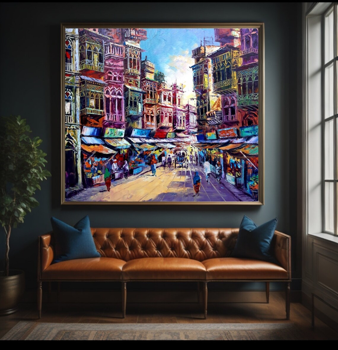 Old Cityscape Indian Art Impasto Oil Painting - Image 2