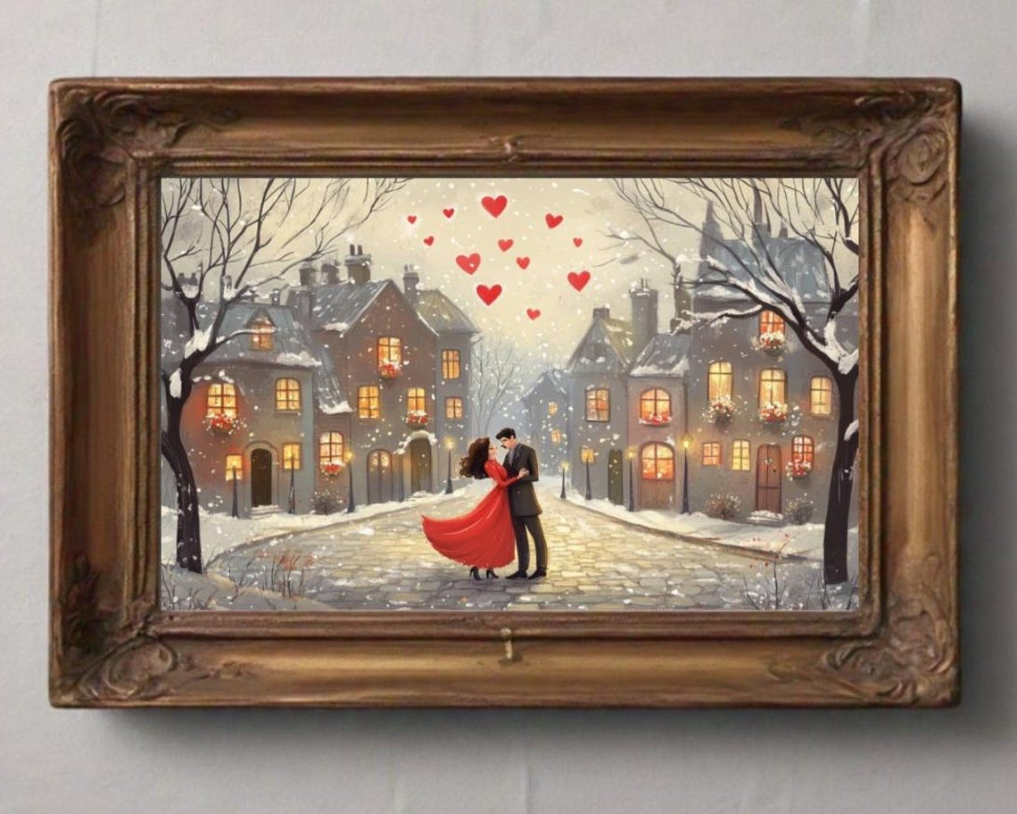 Couple Kissing Snowy Cobblestone Street Floating Hearts Poster
