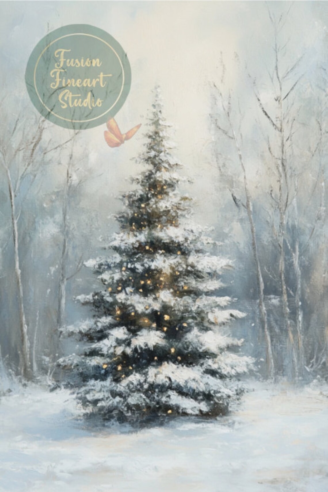 Snow Covered Evergreen in Misty Winter Forest Minimalist Art Poster - Image 3