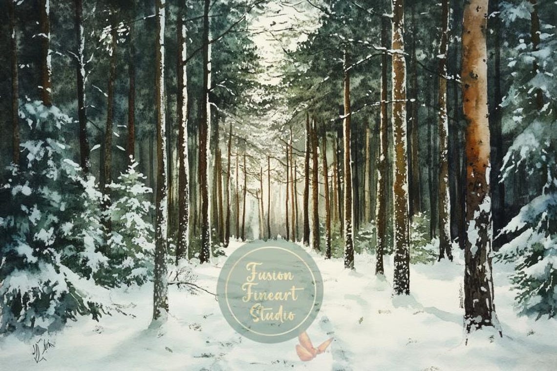 Snowy Pine Forest Sunlit Trail Winter Watercolor Landscape Poster - Image 3