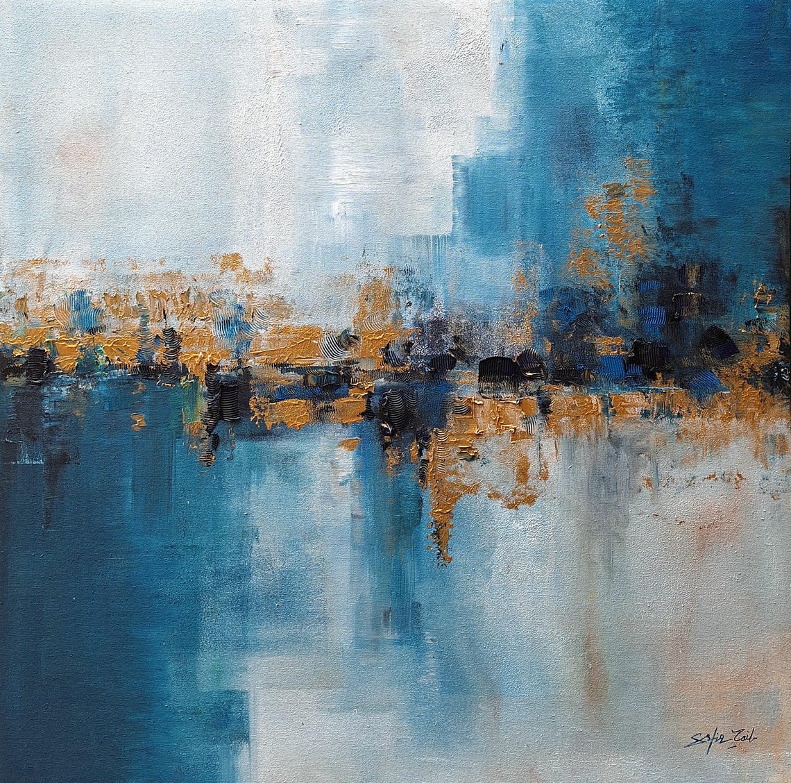Abstract Blue White Gold Textured Modern Living Room Decor Poster - Image 3