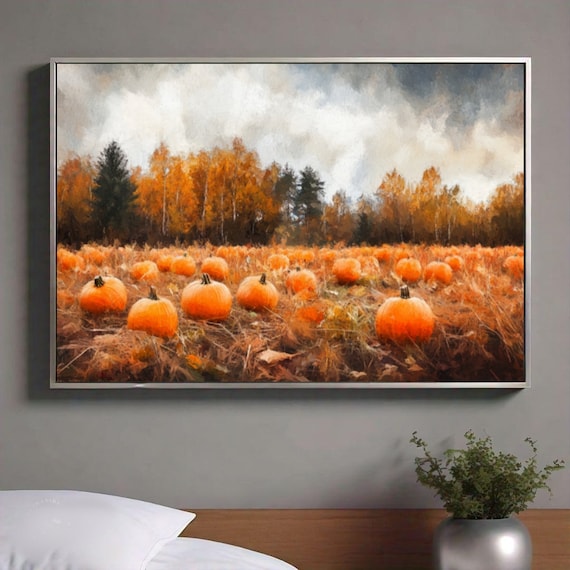 Pumpkin Patch Field Under Moody Autumn Sky Harvest Landscape Poster