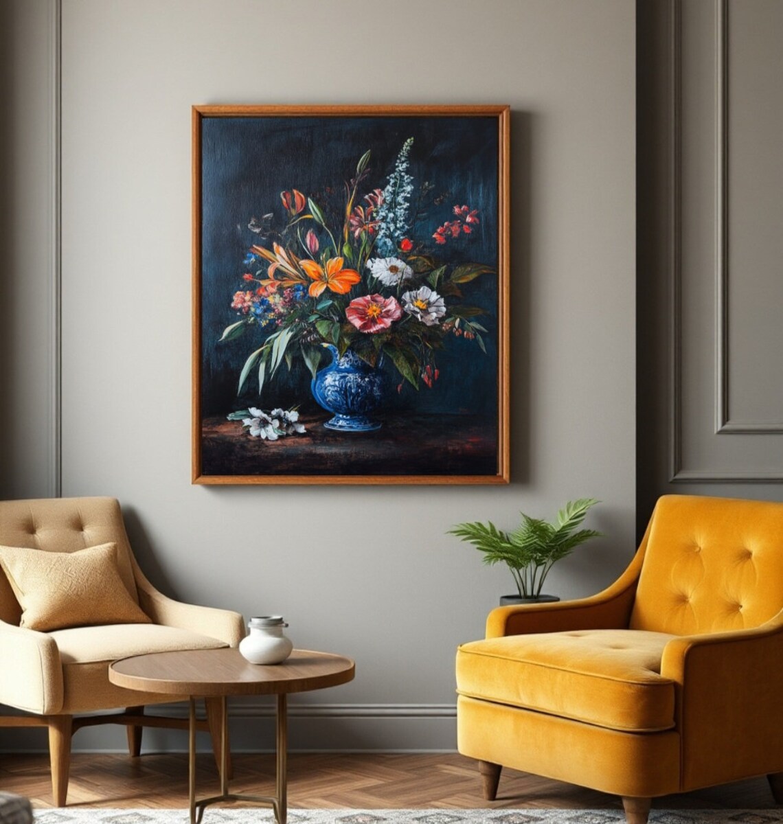 Vintage Flower Bouquet Blue Vase Dark Dutch Still Life Poster - Image 2