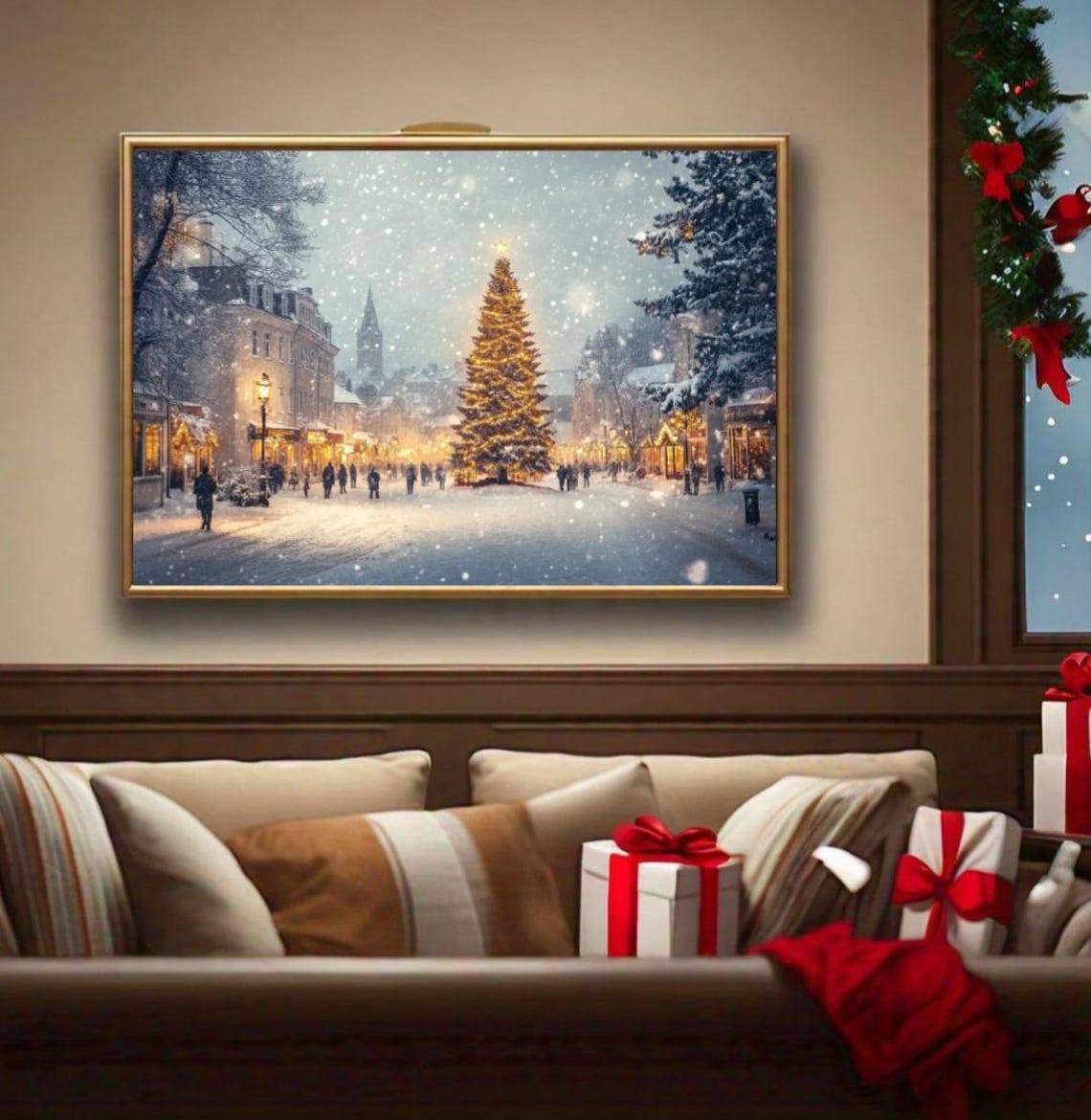 Snowy Town Square Christmas Tree Crowds Falling Snow Winter Poster