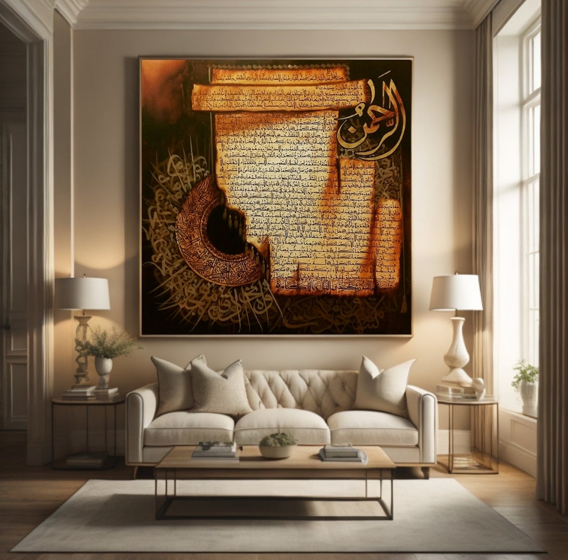 Crescent Moon Arabic Calligraphy Amber Gold Dark Canvas Poster - Image 2