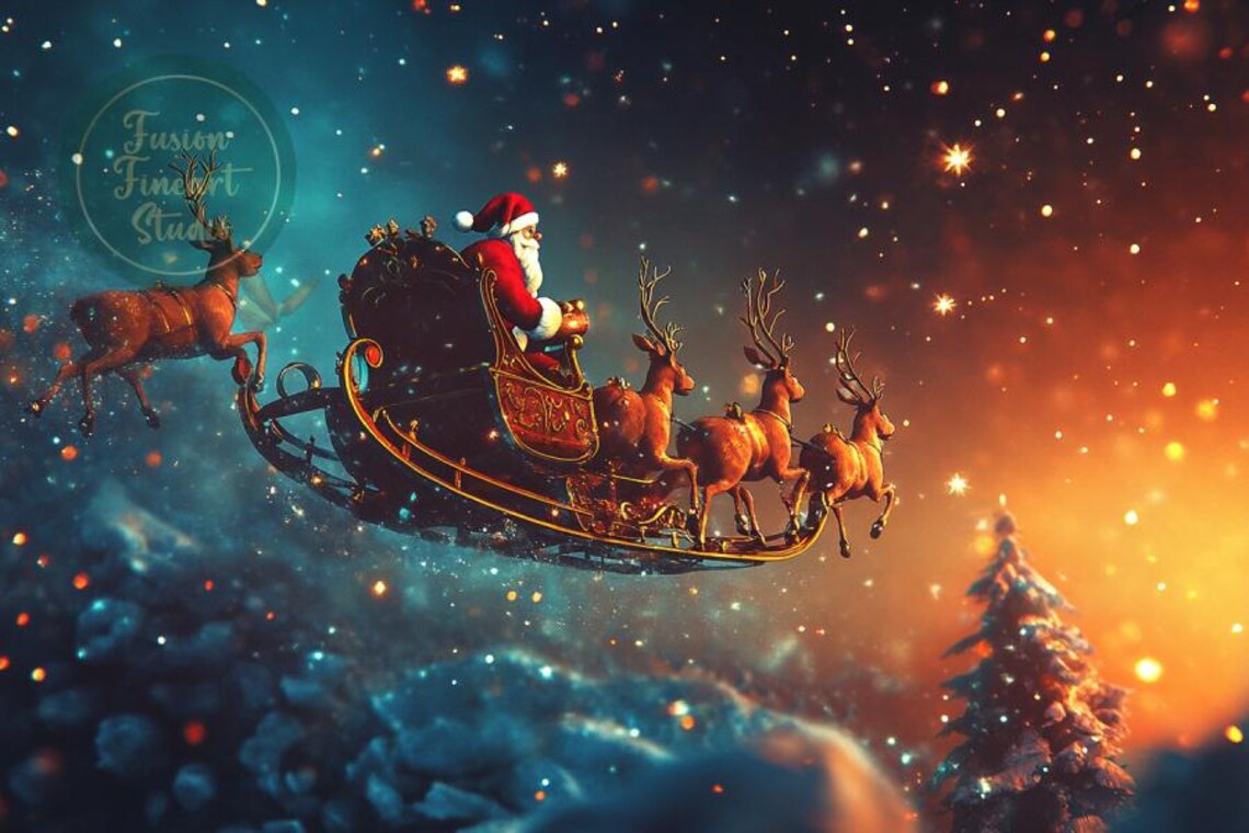 Santa Claus Sleigh Starry Night Sky Reindeer Magical Art Poster - Image 3