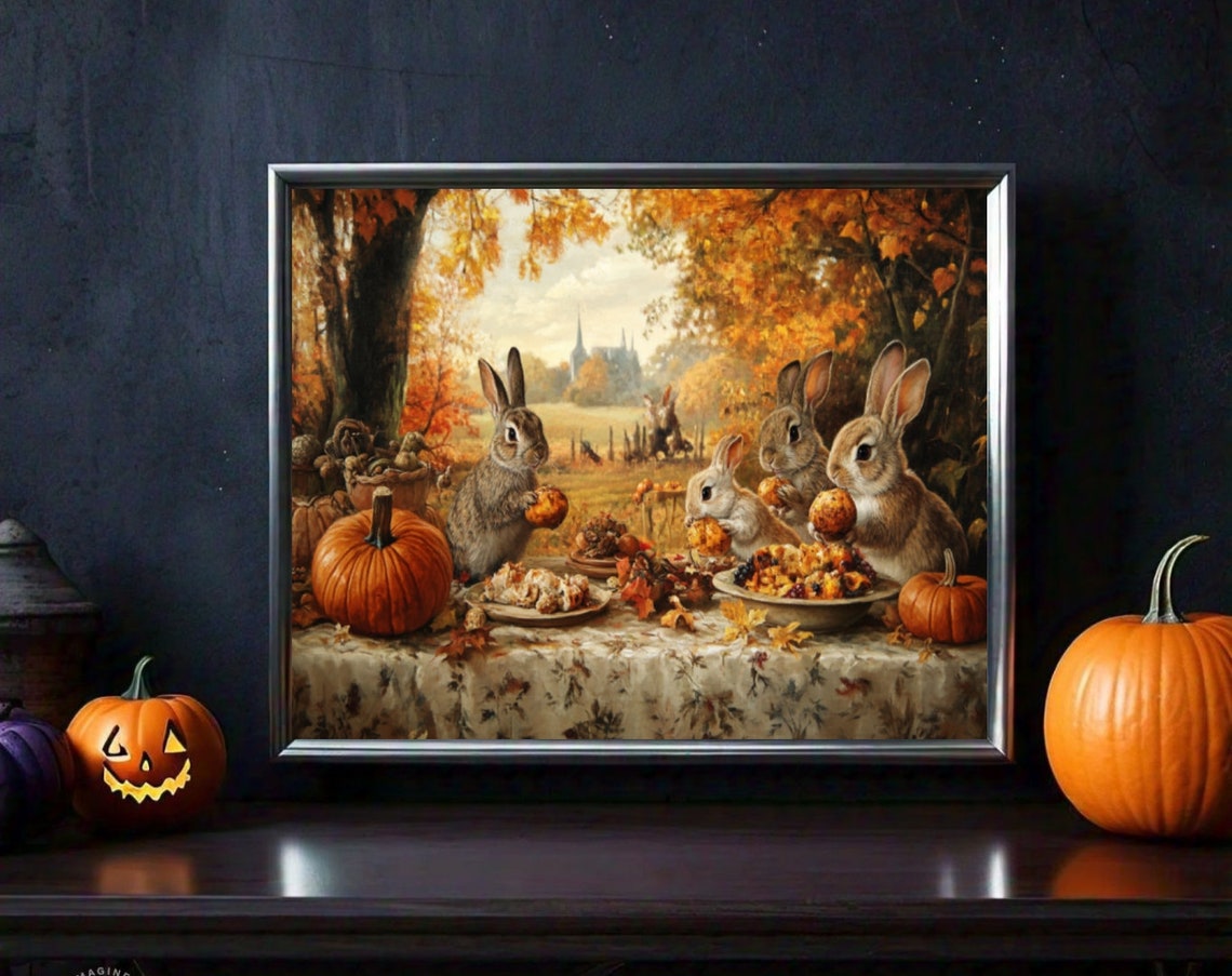 Rabbits Autumn Harvest Picnic Pumpkin Thanksgiving Cute Poster