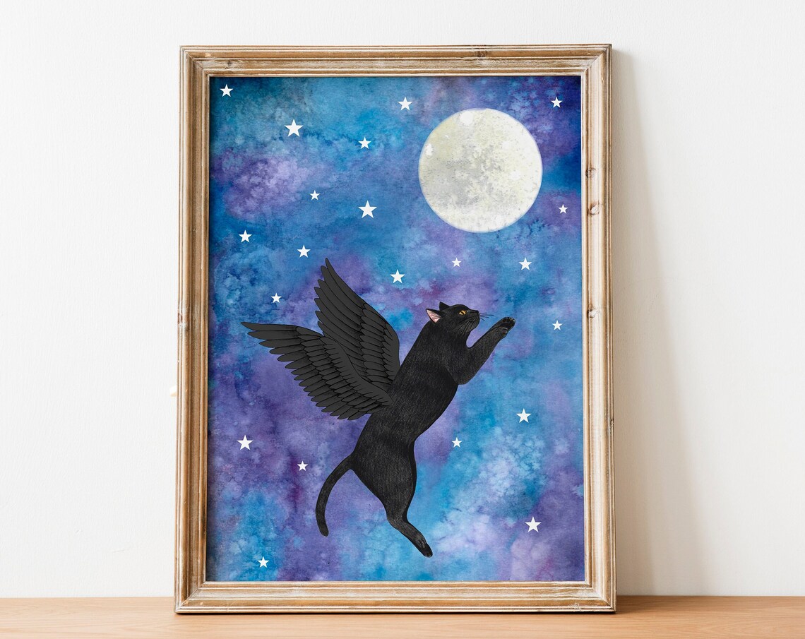 Black Cat Art Print, Moon and Stars Decor