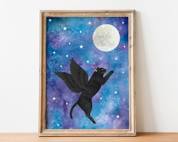 Black Cat Art Print, Moon and Stars Decor