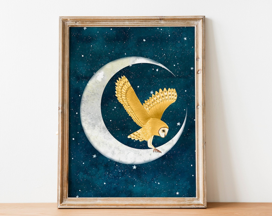 Barn Owl Moon Art Print, Forest Animal Illustration