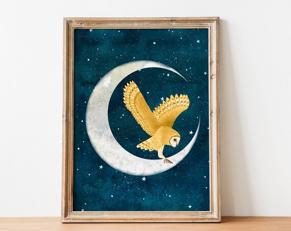 Barn Owl Moon Art Print, Forest Animal Illustration