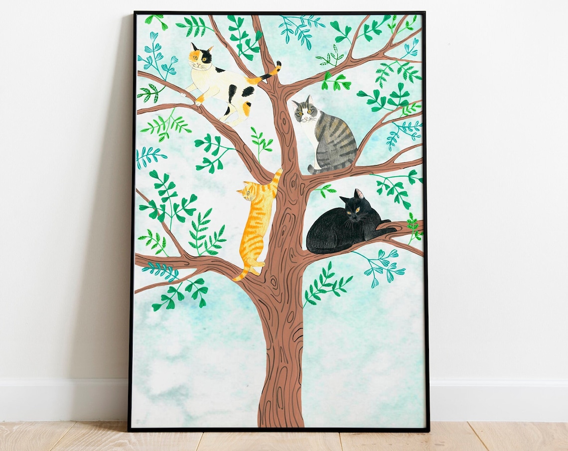 Cats Cat Illustration In Tree Art Print