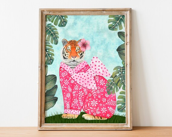 Tiger Wearing Pink Kimono Cute Japanese Watercolor Jungle Poster
