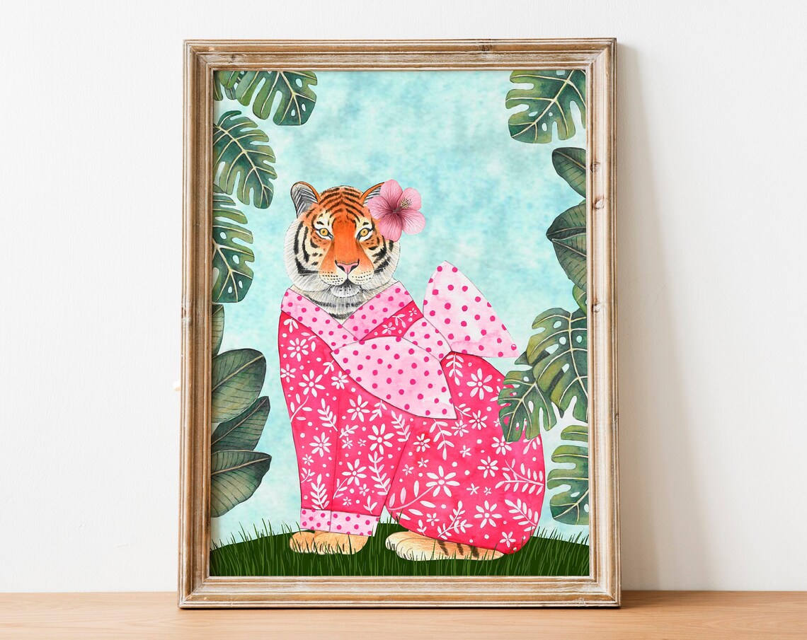 Tiger Wearing Pink Kimono Cute Japanese Watercolor Jungle Poster