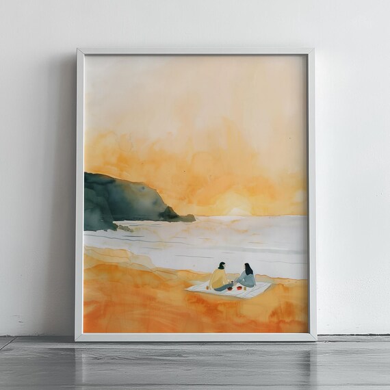 Sunset Beach Picnic Painting Romantic Coastal Scene Art Poster